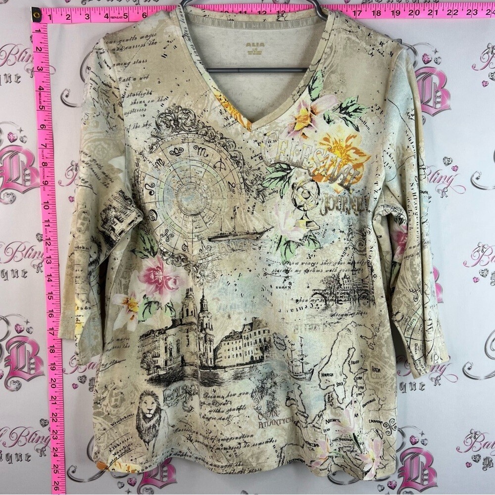 Alia shirt horoscopes Beige V-Neck Long Sleeve Top with Floral & Map Print